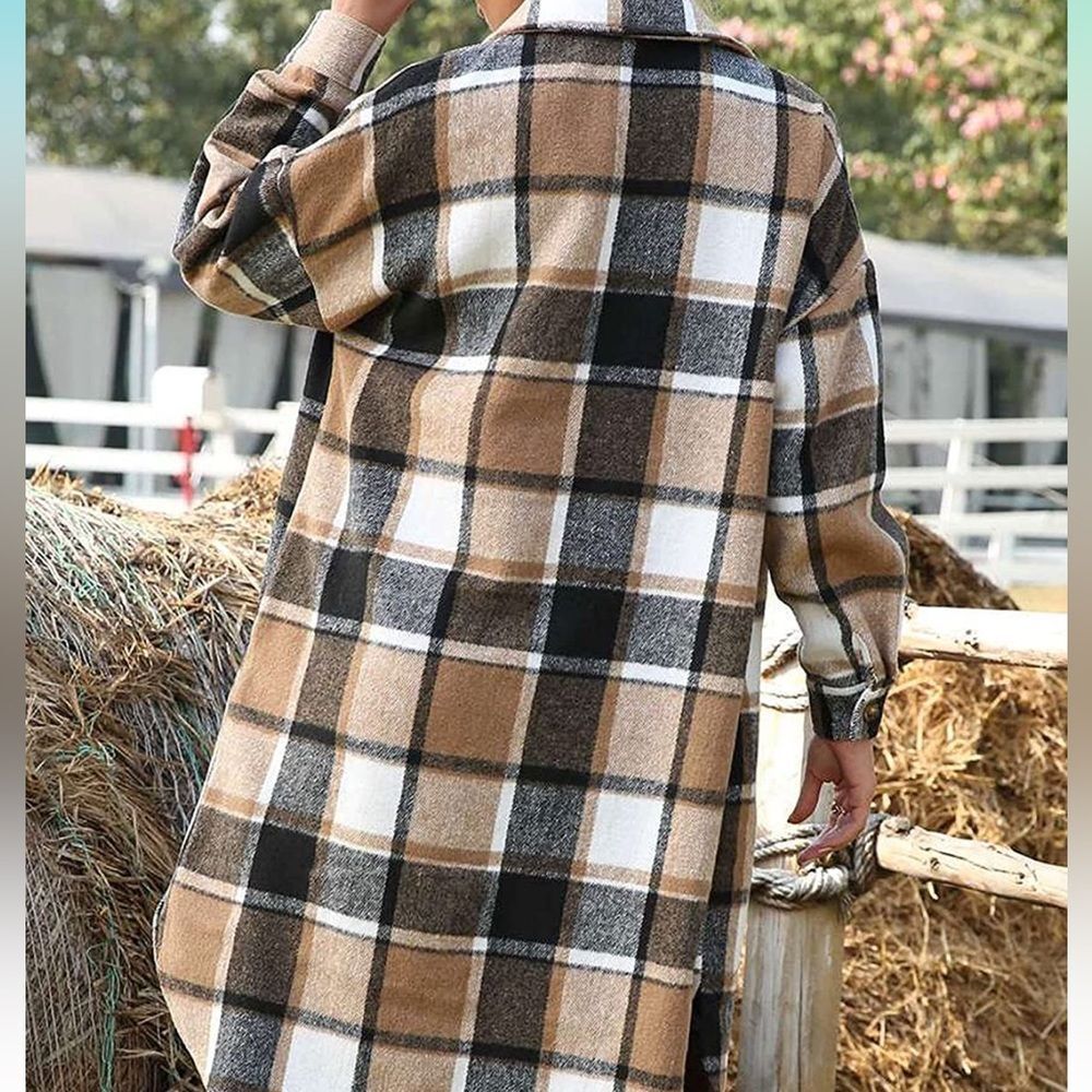 Women's Lounge Lapel Button Down Plaid Jacket Long Shirt Shacket Flannel - Picture 4 of 6